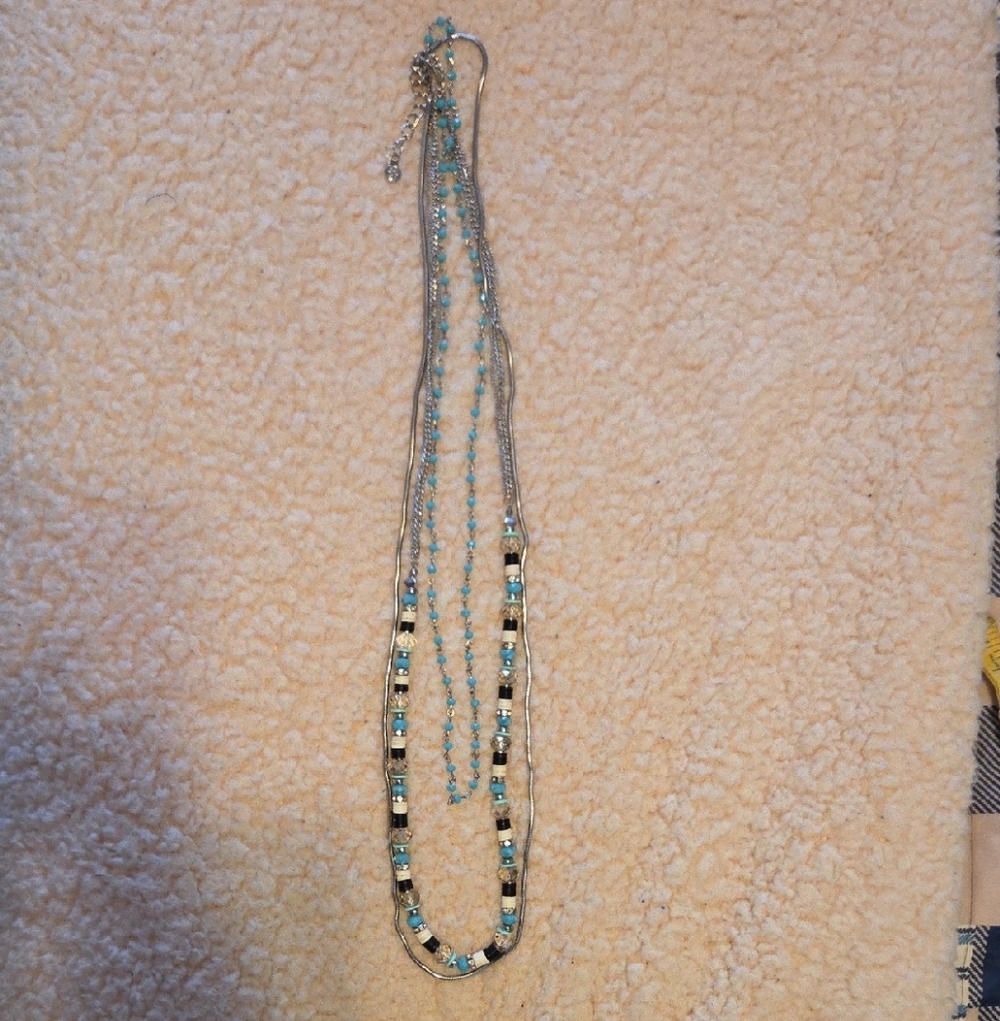 Elegant Silver White, Black and Turquoise Blue Multi-strand Beaded Necklace